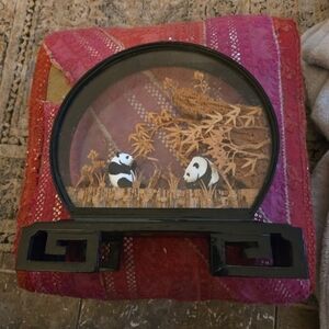 Vintage Chinese Hand Carved Cork Oval Diorama On Stand w Panda Bears Trees